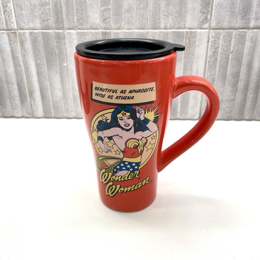 DC Comics Wonder Woman Ceramic Travel Mug 12oz Red Cup With Lid & Graphic Print
